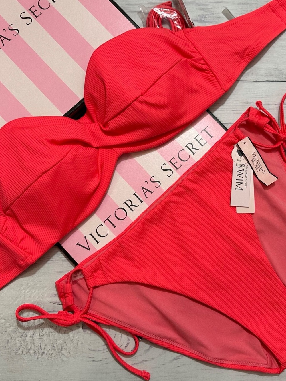 Victoria's Secret Hot Coral Ribbed Bikini Set 40DDD/XXL Bottom